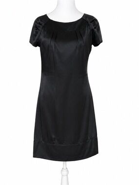 Vintage CACHE 100% Silk Satin Cocktail Dress Black Size 4 LBD Cap Sleeve Luxe